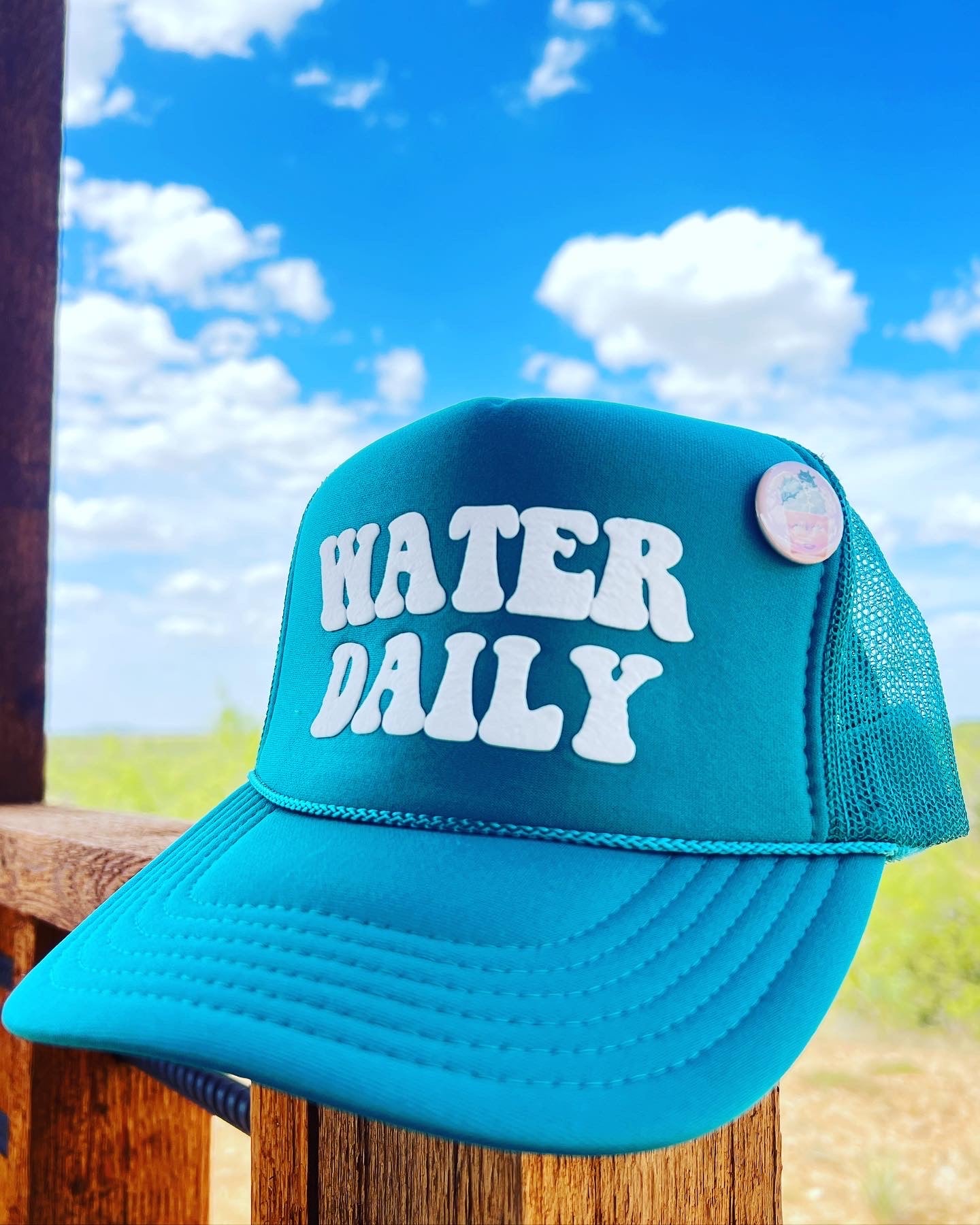 teal hat with the words Water Daily on the hat on a sky background hanging on a post. 