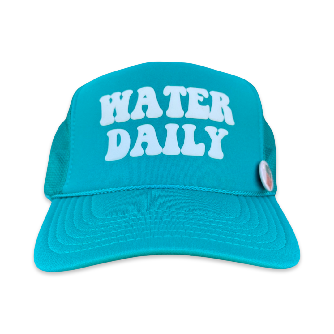teal hat with the words Water Daily on the hat on a white backgrouind.