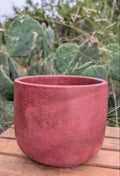 A rose concrete planter pot resting on a wooden slatted surface with a blurred background of green cacti and outdoor foliage.