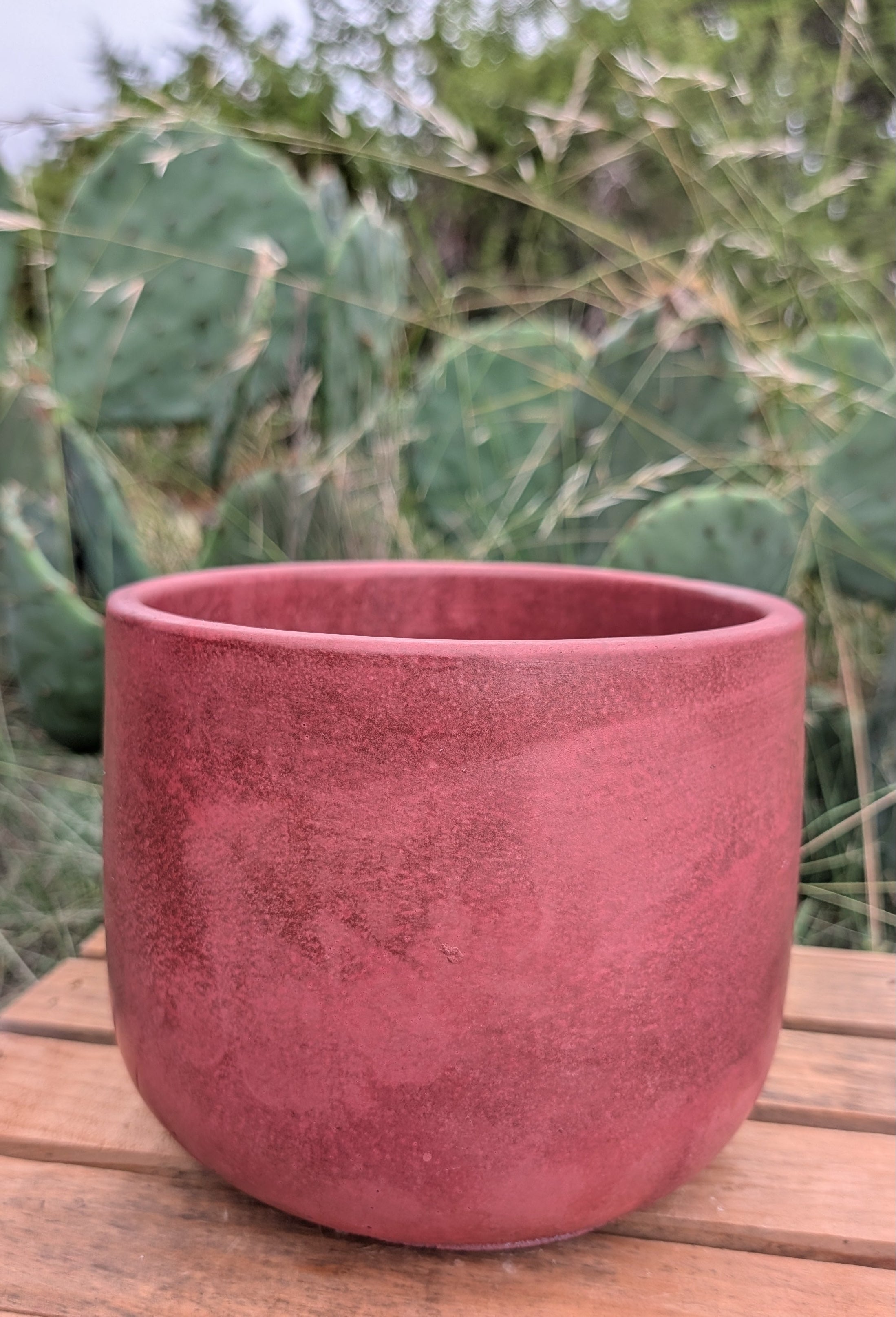 A rose concrete planter pot resting on a wooden slatted surface with a blurred background of green cacti and outdoor foliage.